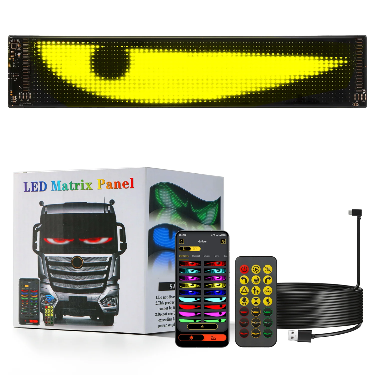 🆕Single Pack Devil's Eye Atmosphere Light Flexible Programmable USB APP Control Car LED Screen 23.42x4.72in for Windshield Decoration - Image 10