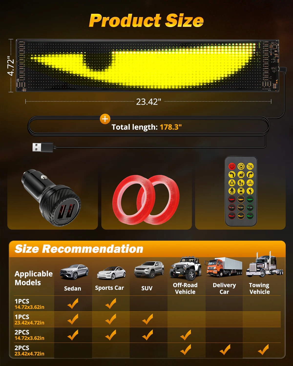 🆕Single Pack Devil's Eye Atmosphere Light Flexible Programmable USB APP Control Car LED Screen 23.42x4.72in for Windshield Decoration - Image 3