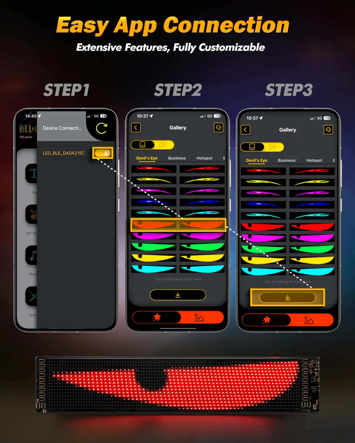 🆕Single Pack Devil's Eye Atmosphere Light Flexible Programmable USB APP Control Car LED Screen 23.42x4.72in for Windshield Decoration - Image 5