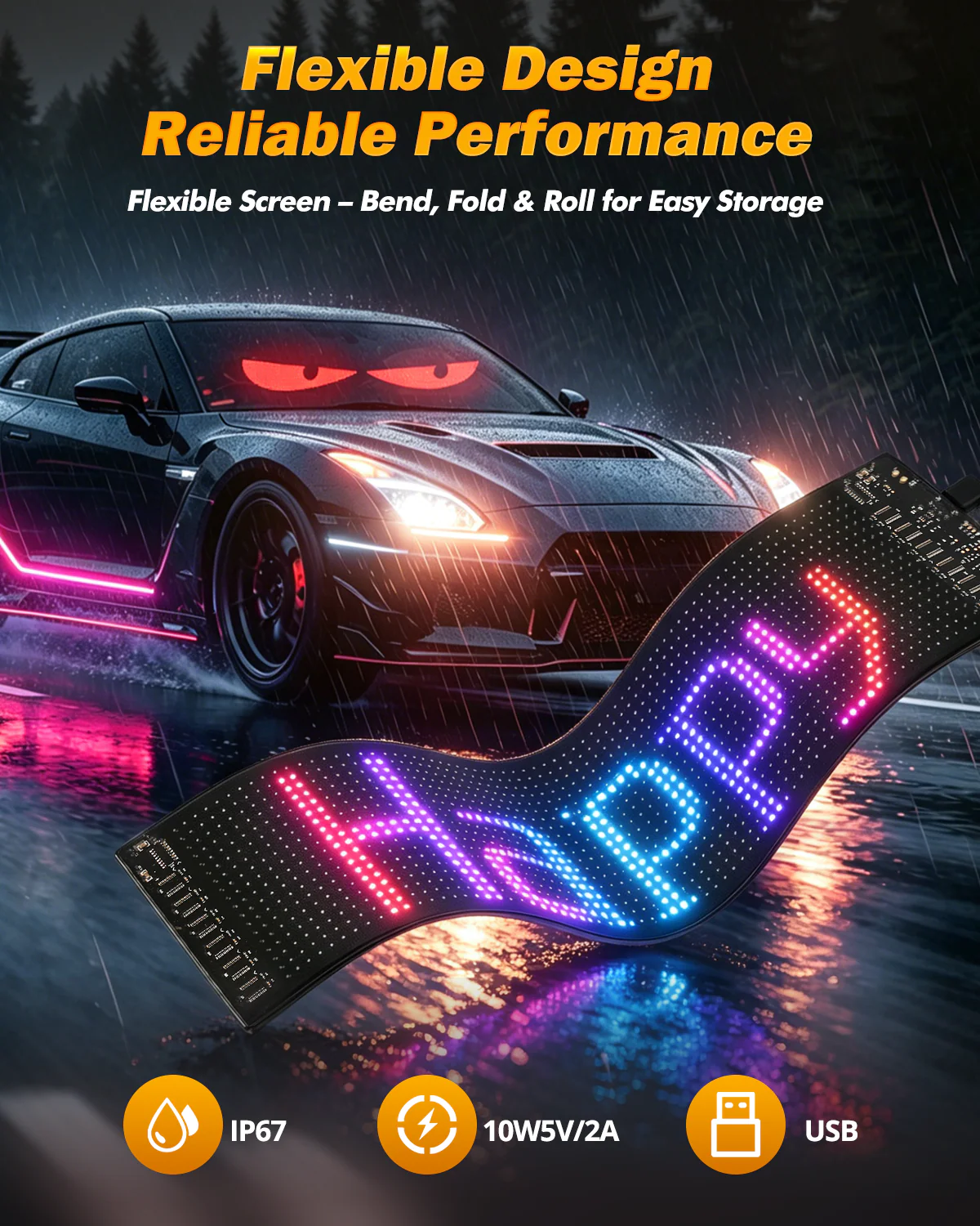 🆕Single Pack Devil's Eye Atmosphere Light Flexible Programmable USB APP Control Car LED Screen 23.42x4.72in for Windshield Decoration - Image 7