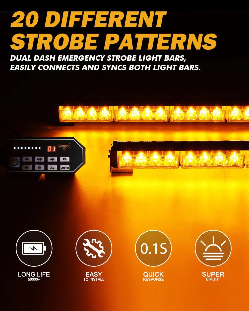 17" Dual LED Directional Emergency Traffic Advisor Light Bars 20 Flashing Patterns with Suction Cup Mount for Vehicles Trucks SUV ATV Car - Image 2