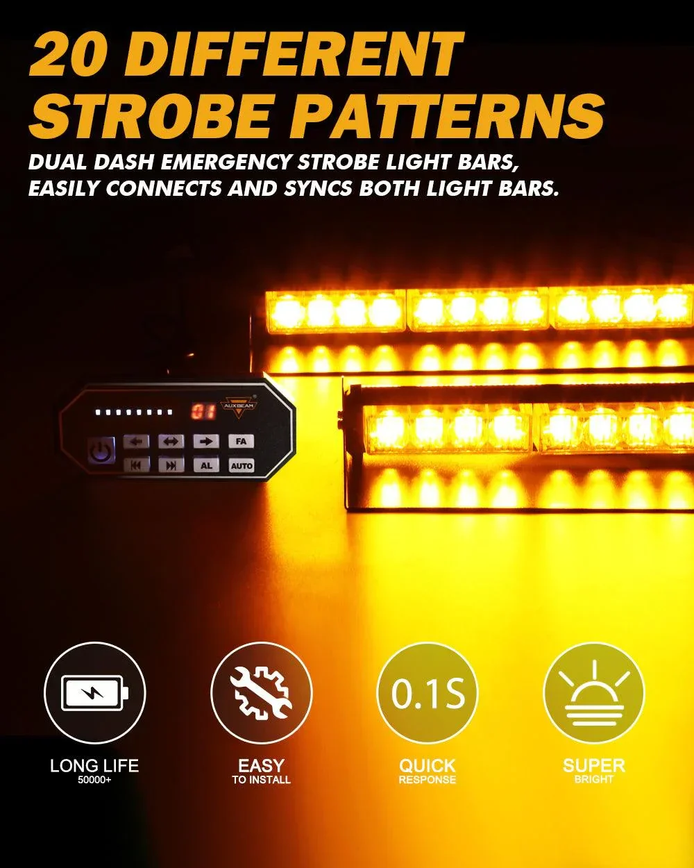 17" Dual Windshield Dash Strobe Light Bars 20 Flashing Patterns with Suction Cup Mount for Vehicles Trucks SUV ATV Car - Image 2
