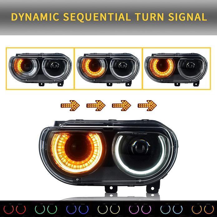 LED Headlight Assembly RGB Style Dual Beam Projector Black For 2008-2014 Dodge Challenger 3th Gen Pre-Facelift - Image 10