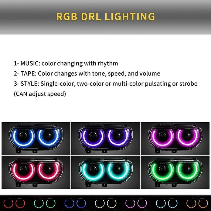 LED Headlight Assembly RGB Style Dual Beam Projector Black For 2008-2014 Dodge Challenger 3th Gen Pre-Facelift - Image 4