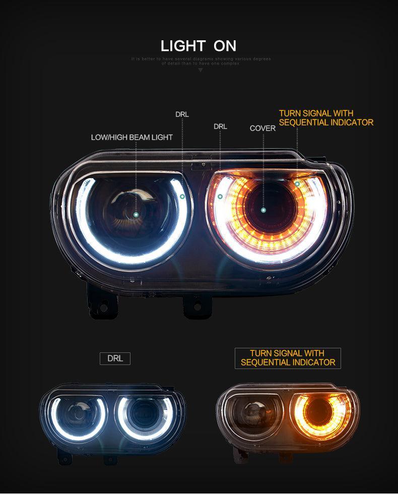 LED Headlight Assembly RGB Style Dual Beam Projector Black For 2008-2014 Dodge Challenger 3th Gen Pre-Facelift - Image 6