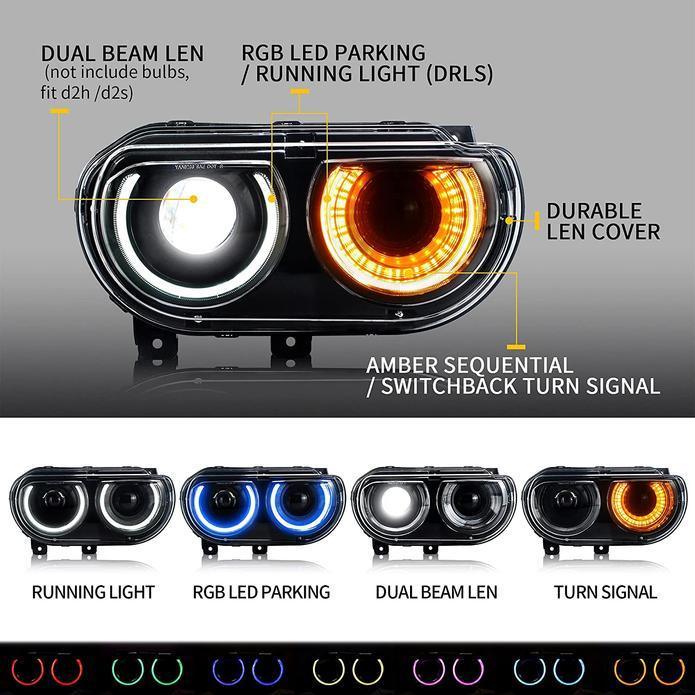 LED Headlight Assembly RGB Style Dual Beam Projector Black For 2008-2014 Dodge Challenger 3th Gen Pre-Facelift - Image 9