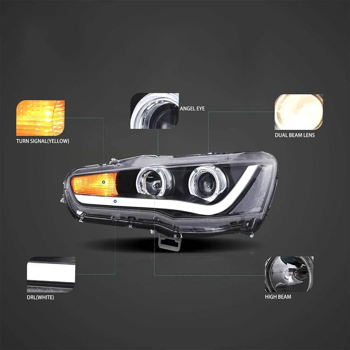 LED Headlight Assembly Projector Black For 2008-2017 Mitsubishi Lancer 9th Gen Evo X GSR 10th Gen(CZ4A) - Image 2