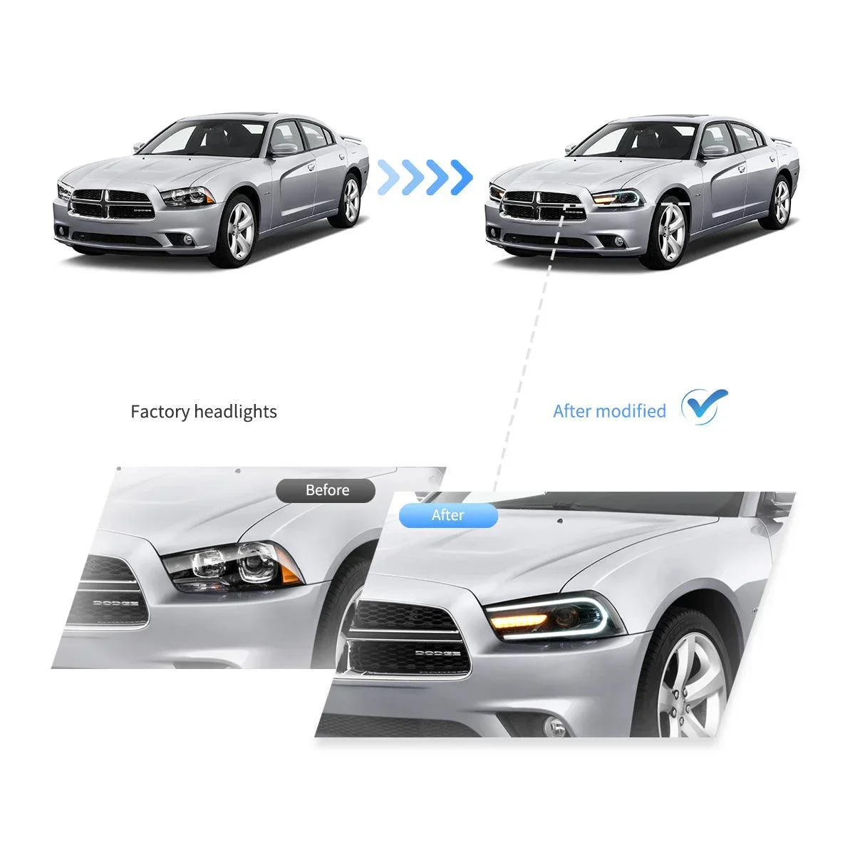 LED Headlight Assembly Dual Beam Projector Black For 2011-2014 Dodge Charger(LD) Pre-Facelifted - Image 9