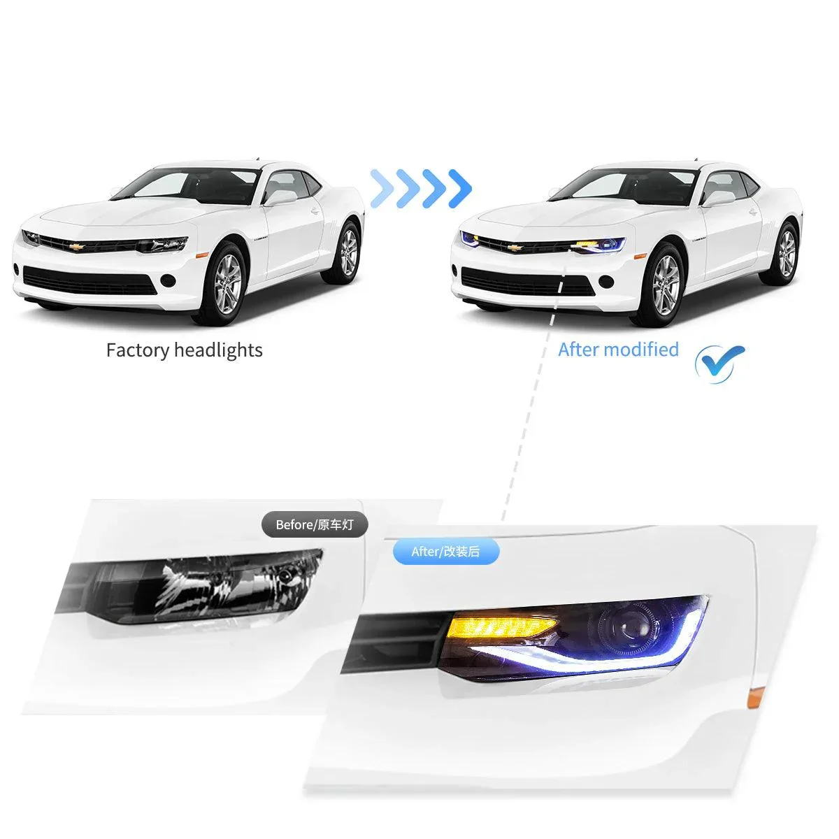 LED Headlight Assembly RGB Dual Beam Projector Black For 2014-2015 Chevrolet Camaro - Image 5