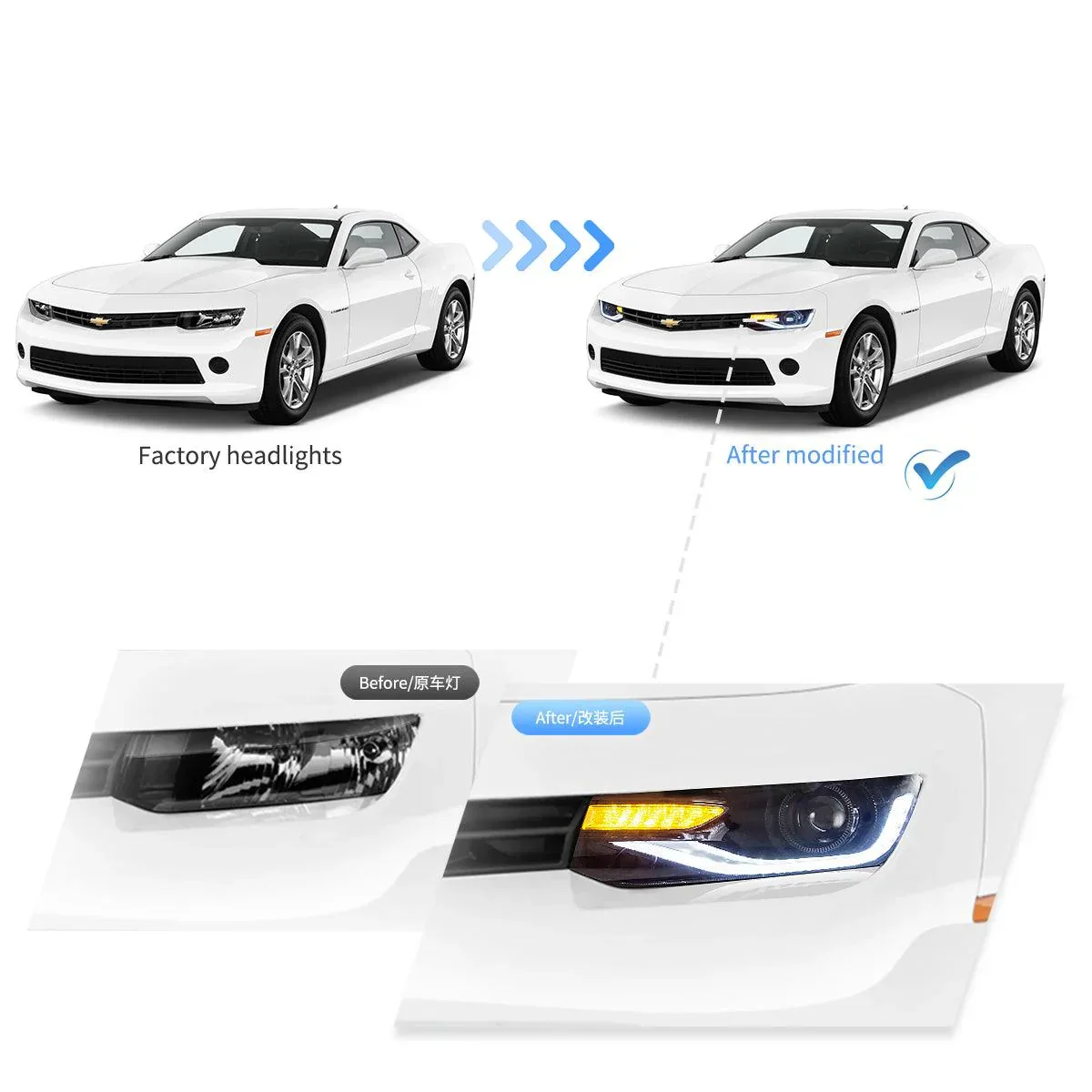 LED Headlight Assembly Dual Beam Projector Black For 2014-2015 Chevrolet Camaro - Image 9