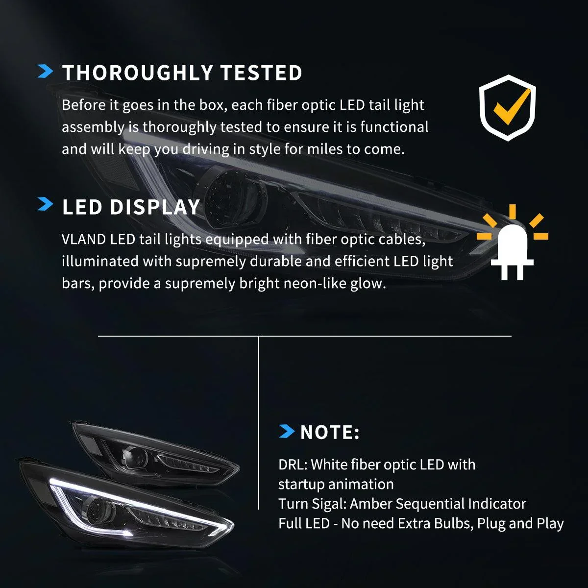 LED Headlight Assembly Dual Beam Projector Black For 2015-2018 Ford Focus 3th Gen Mark III Facelift - Image 7