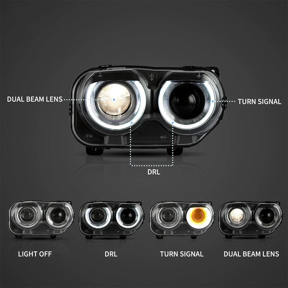 LED Headlight Assembly Dual Beam Projector Black For 2015-2023 Dodge Challenger 3th Gen Facelifted - Image 3