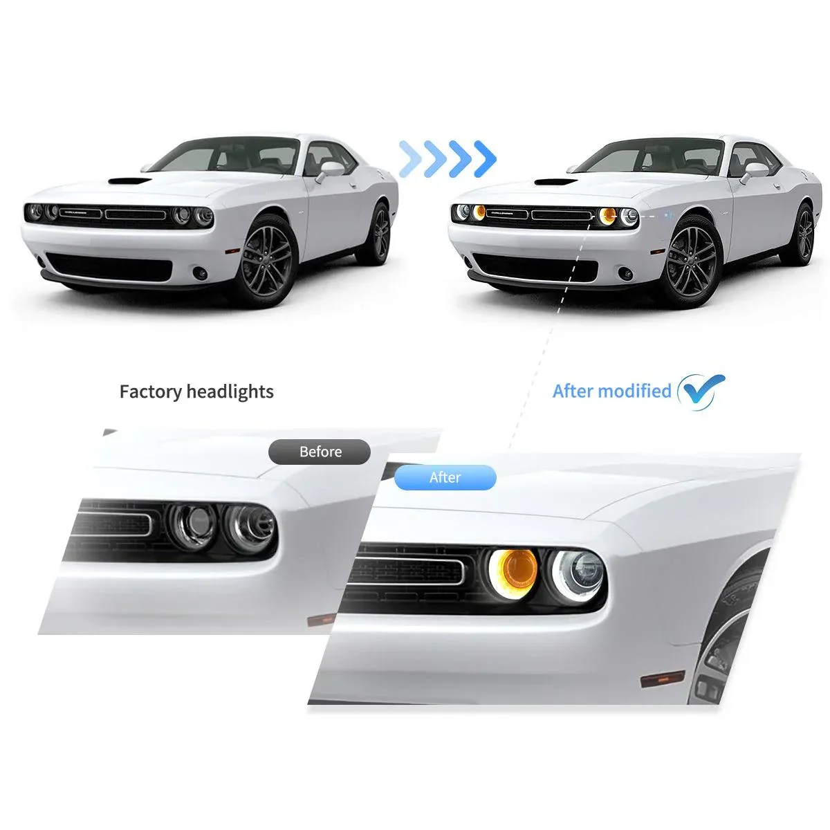 LED Headlight Assembly Dual Beam Projector Black For 2015-2023 Dodge Challenger 3th Gen Facelifted - Image 7