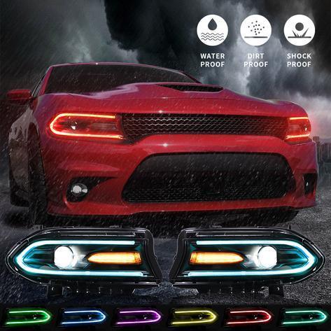 LED Headlight Assembly RGB Style Dual Beam Projector Black For 2015-2023 Dodge Charger 7th Gen(LD) - Image 12