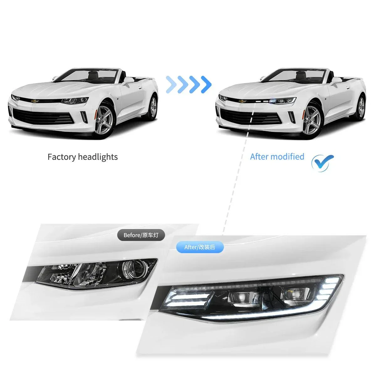 LED Headlight Assembly Dual Beam Projector Black Welcome/Breath & Back and Forth Function For 2016-2018 Chevrolet Camaro & 2019-2024 Camaro ZL1 - Image 10