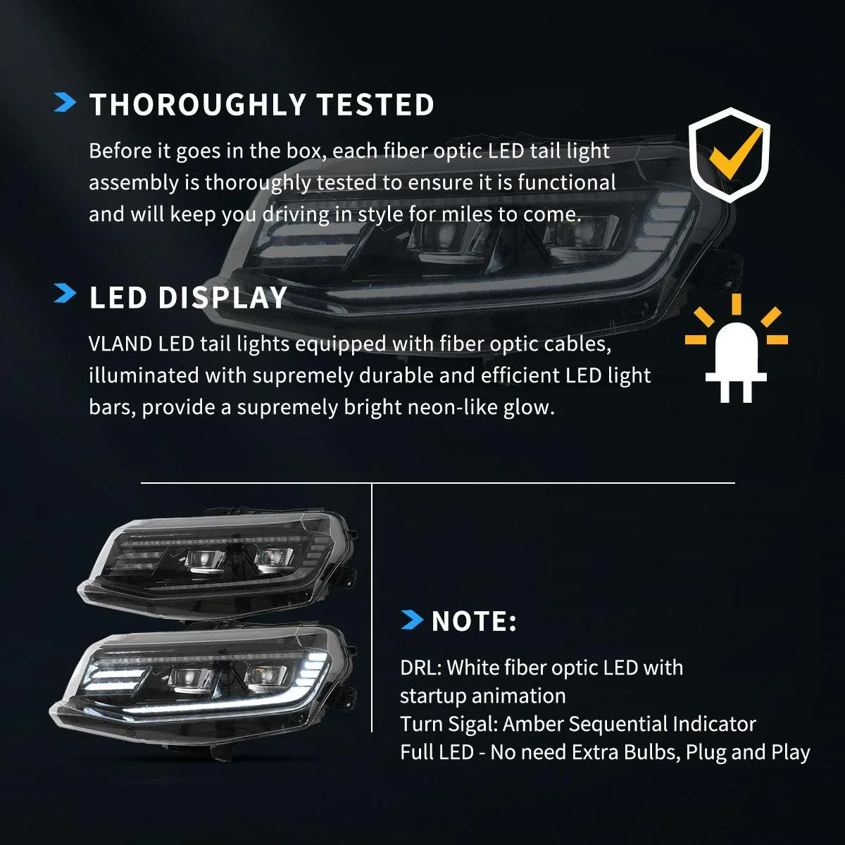 LED Headlight Assembly Dual Beam Projector Black Welcome/Breath & Back and Forth Function For 2016-2018 Chevrolet Camaro & 2019-2024 Camaro ZL1 - Image 6