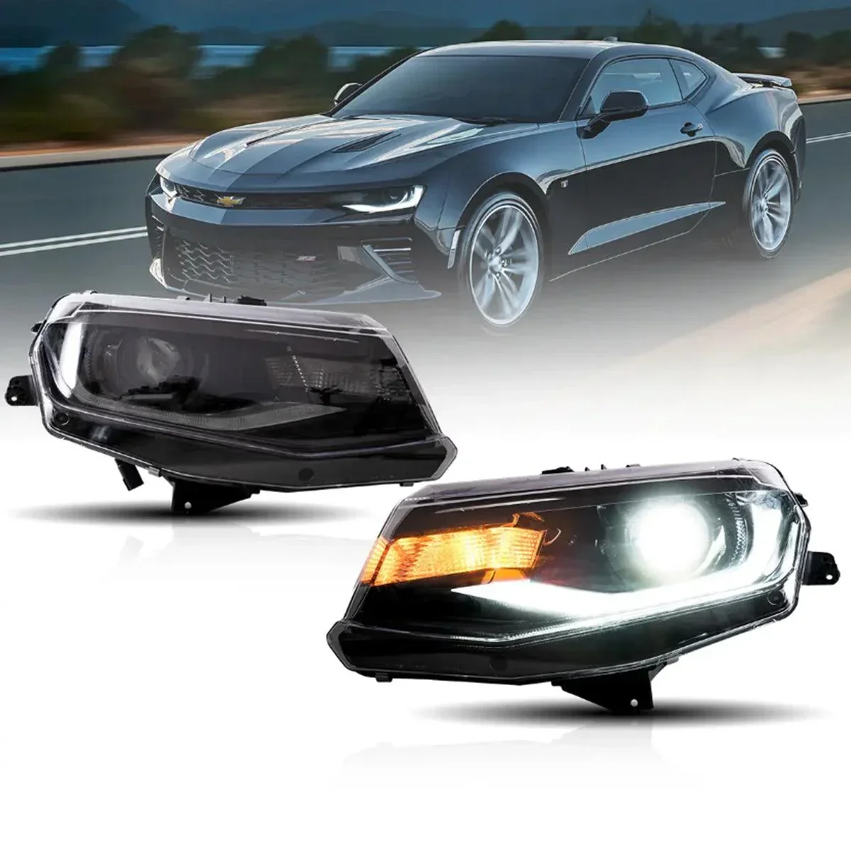 LED Headlight Assembly Dual Beam Projector Black For 2016-2022 Chevrolet Camaro 6th Gen