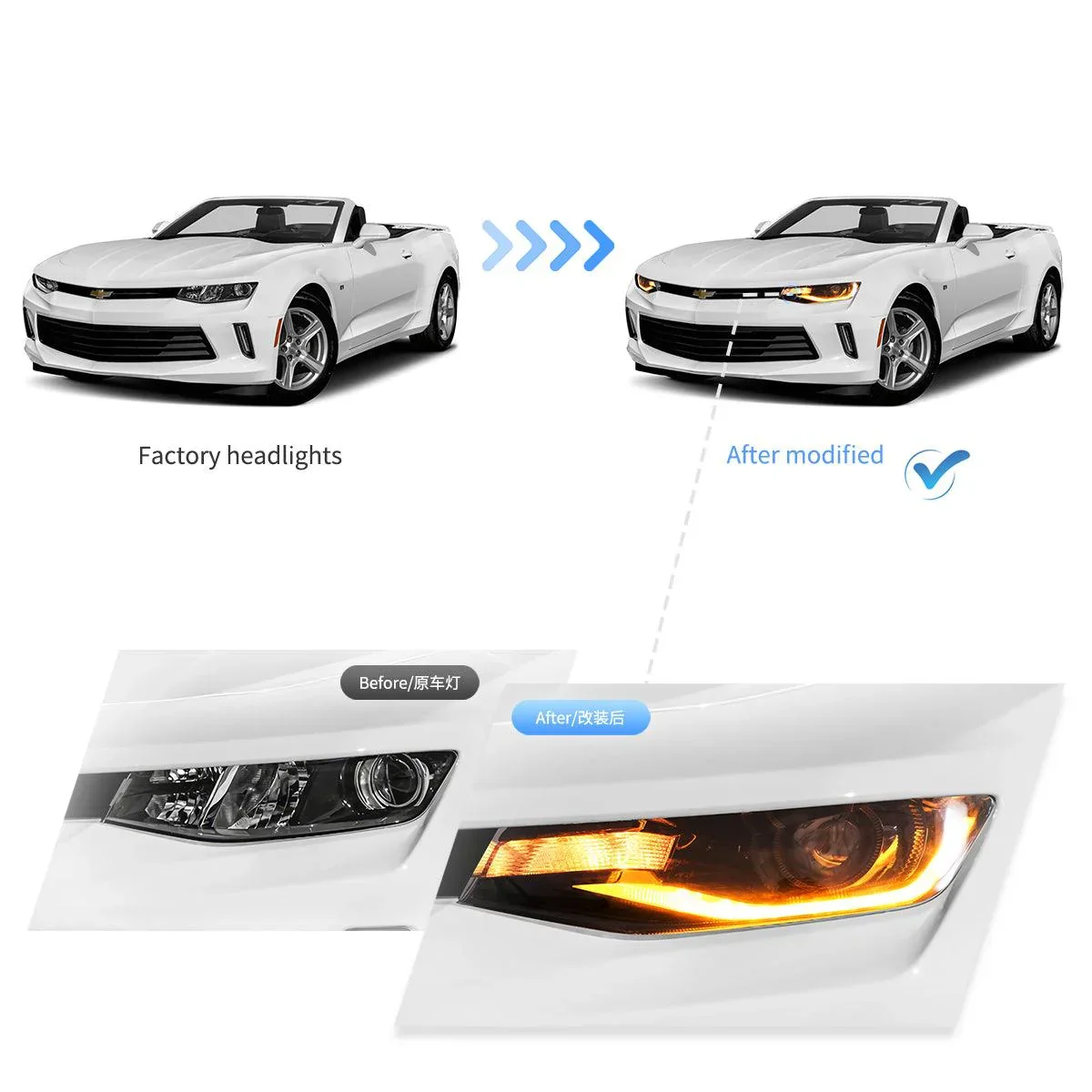 LED Headlight Assembly Dual Beam Projector Black For 2016-2022 Chevrolet Camaro 6th Gen - Image 9