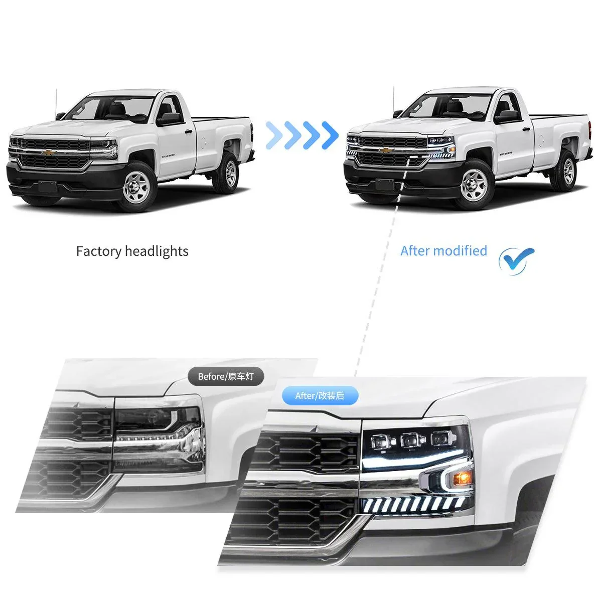 LED Headlight Assembly Dual Beam Projector Black For 2016-2018 Chevrolet Silverado 1500 4th Gen Facelift - Image 9