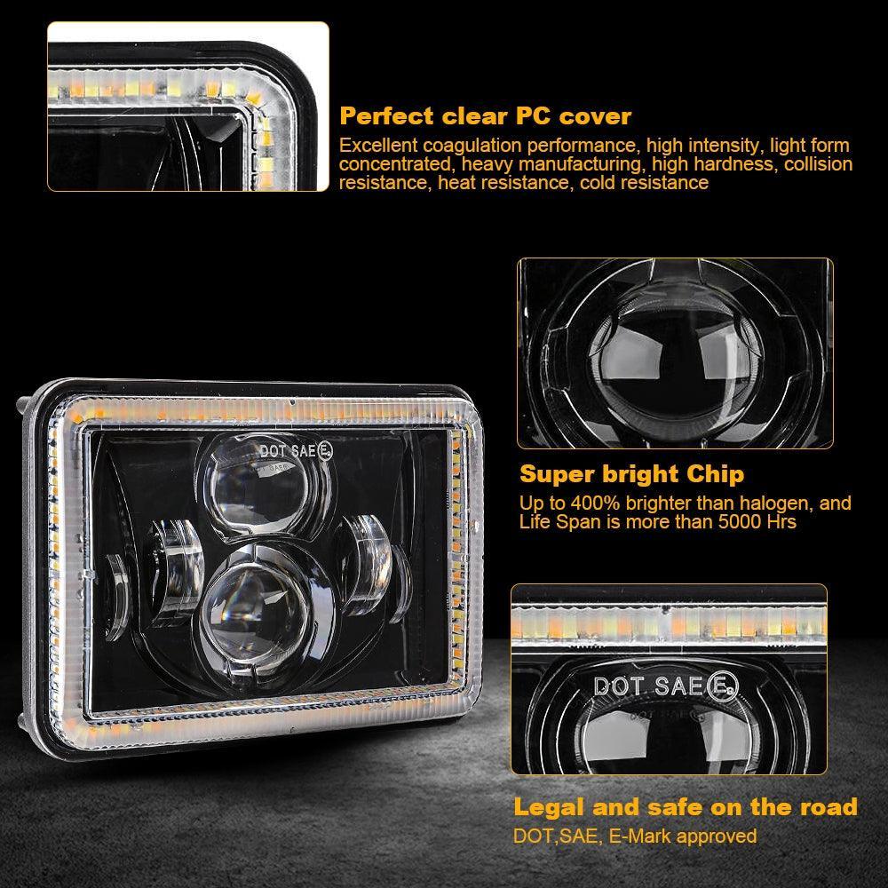 (2PCS/SET) 4x6" Sealed Beam LED Headlight with Hi-Lo Beam & DRL Amber Turn Signal Light - Image 3