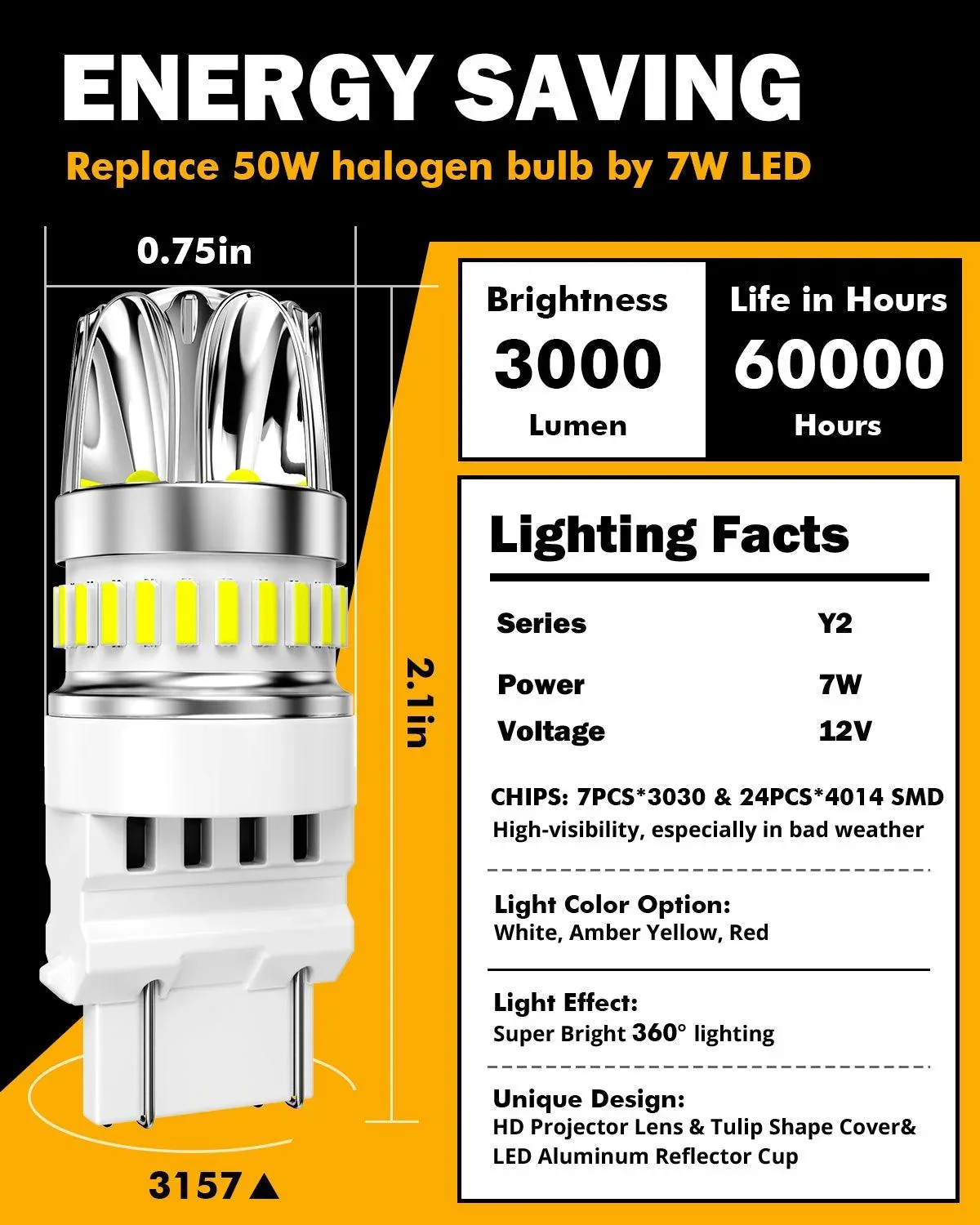 T25 3157 3156 LED Backup Reverse/Turn Signal/Brake Tail Light Bulbs 14W 6000LM CAN-Bus Error Free 6500K White Y2 Series | 2 Bulbs - Image 5