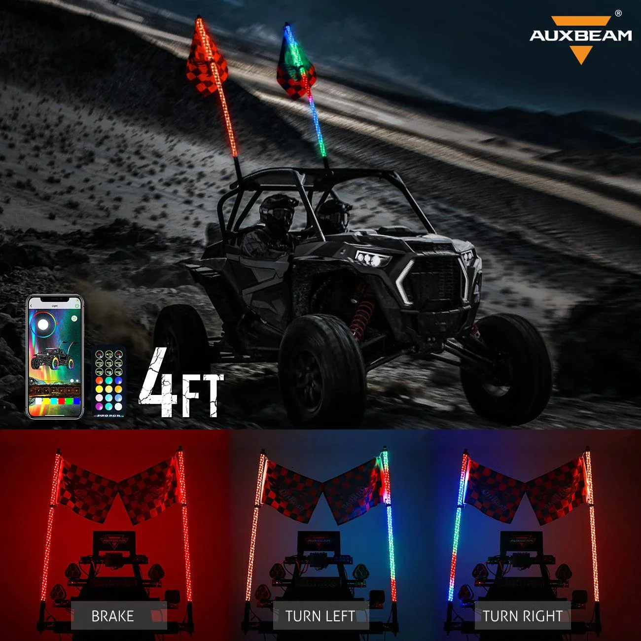 3FT/4FT LED RGB Whip Lights with Bluetooth/ Remote Controlled & Black Universal Flagpole Light Mount  for all UTVs with 1.75" to 2" Roll Cage - Image 22