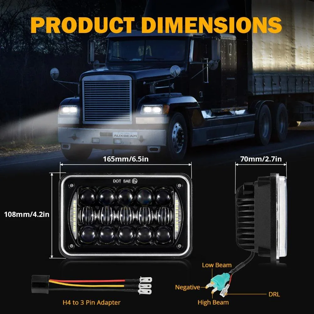 4x6 LED Headlights Rectangular Headlamps Hi/Lo Sealed Beam with DRL DOT Approved Replacement H4651 H4652 H4656 H4666 H6545 Compatible with Peterbil Kenworth Freightliner Ford Trucks - Image 5