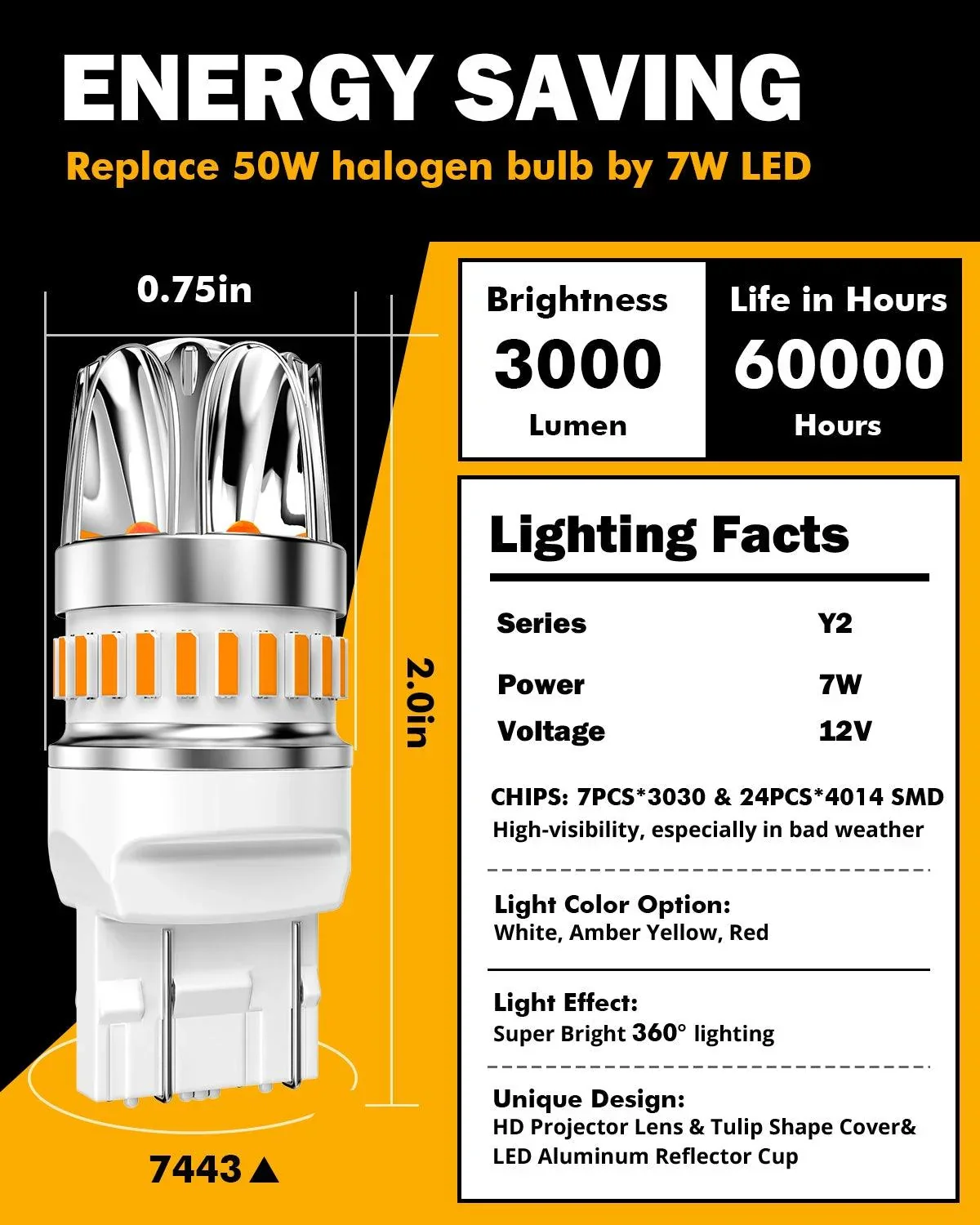T20 7443 7440 LED Turn Signal Light Rear/Front, Side Maker Light Bulbs 14W 6000LM CAN-Bus Error 3000K Amber Y2 Series | 2 Bulbs - Image 5