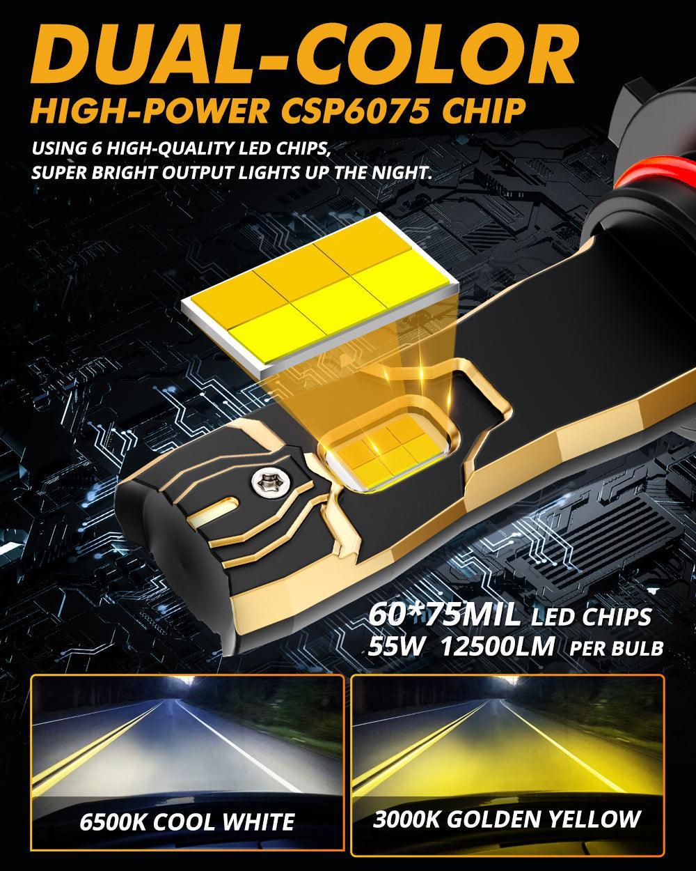 9005/HB3 LED Bulb Fog Lights/Low Beam Lights 110W 25000LM GX Bi-Color Series High Power & Brightness Dual Color Switchback | 2 Bulbs - Image 2