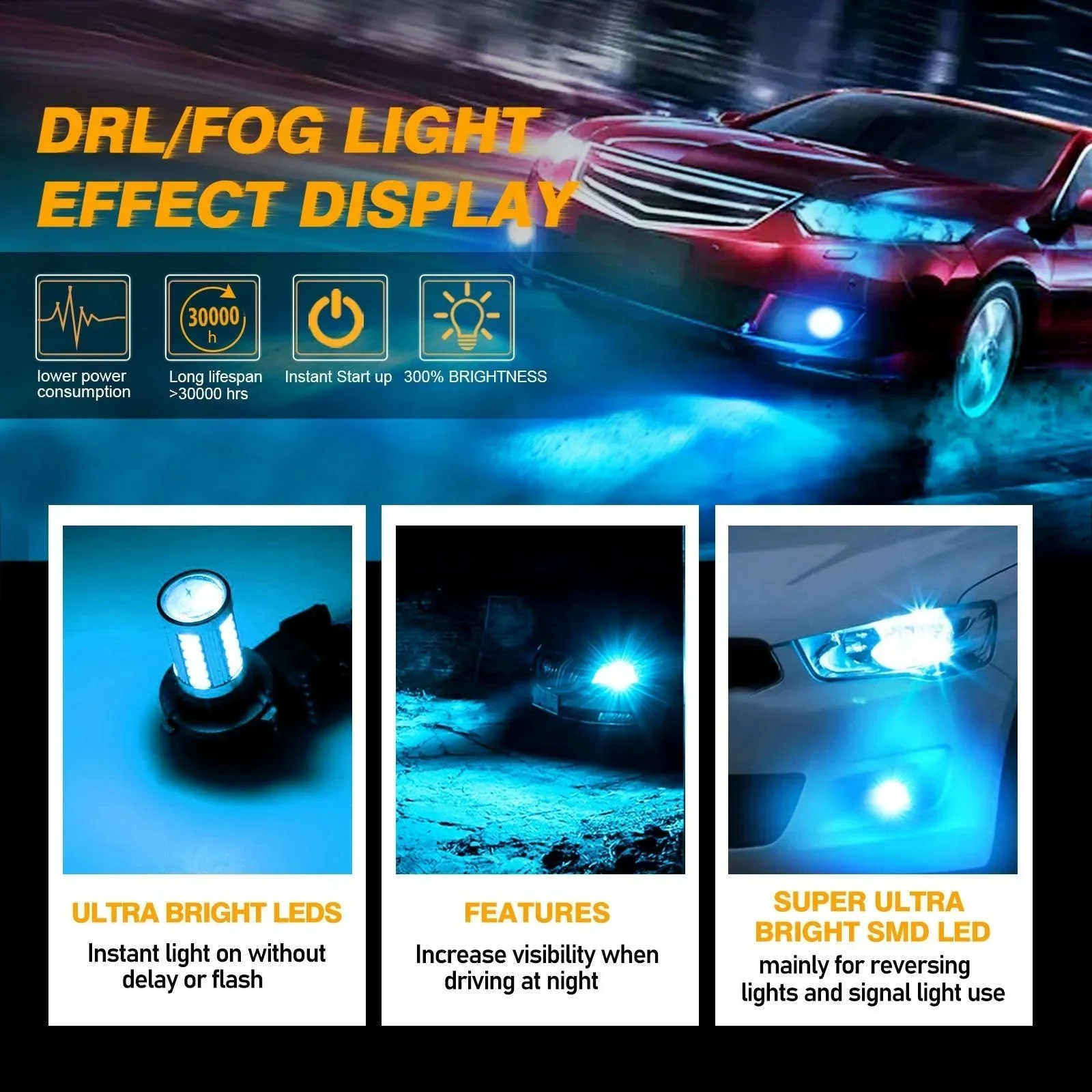 9006/HB4 LED Fog Light/DRL Bulbs 50W 4000LM Ice Blue 33LED Series | 2 Bulbs - Image 3