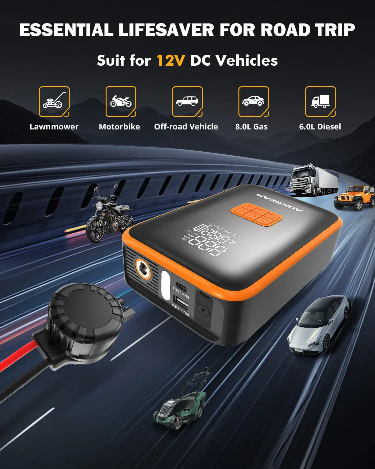 🆕AJ3500 Series 3500A Jump Starter with Air Compressor 120PSI Tire Inflator For 8L Gas/ 6L Diesel Engine - Image 8