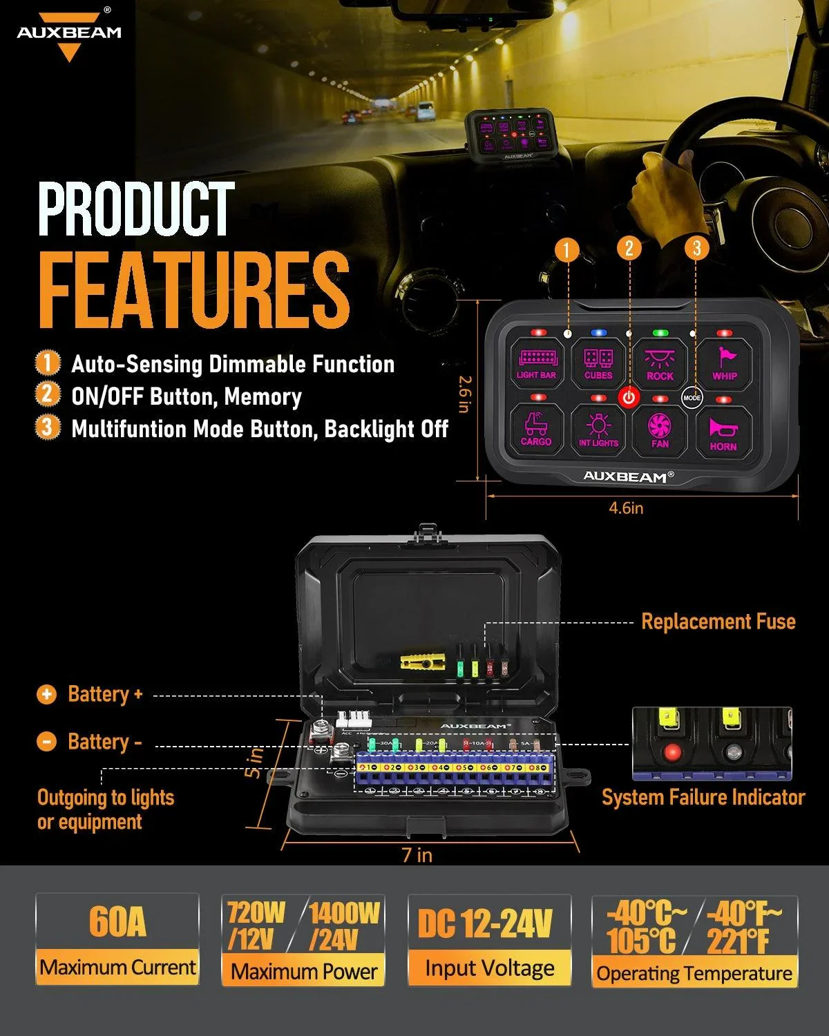 AR-800 Multifunction RGB Switch Panel with Bluetooth Controlled & 47 Inch Extension Cable(Optional) for Toyota Tacoma - Image 6