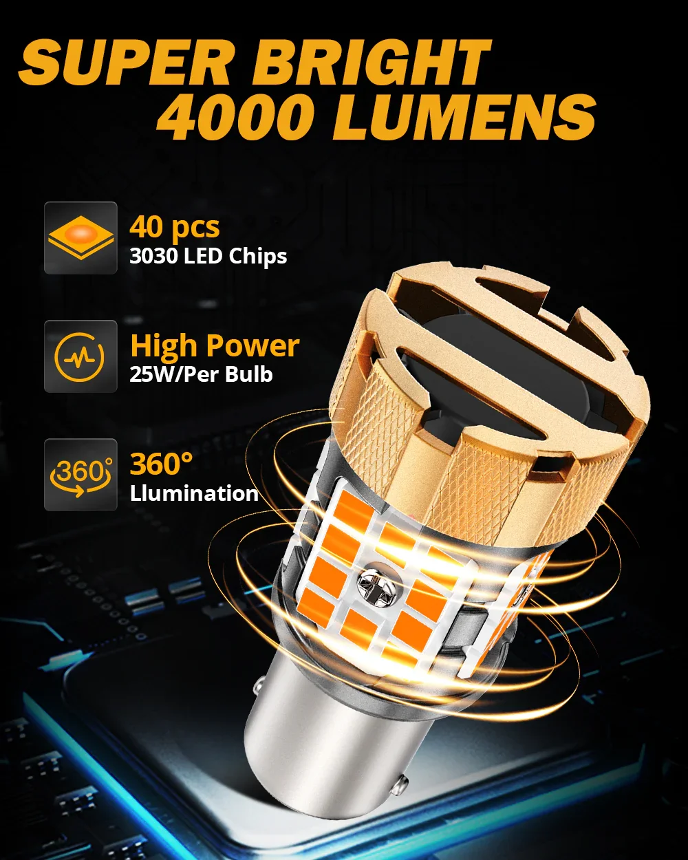 🆕BAU15S 7507 LED Turn Signal Light Rear/Front, Side Maker Light Bulbs 50W 4000LM CAN-Bus Error Free 3000K Amber B21-PRO Series |2 Bulbs - Image 3