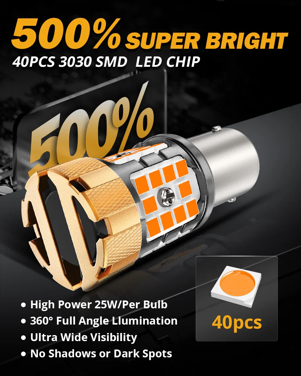 🆕BAU15S 7507 LED Turn Signal Light Rear/Front, Side Maker Light Bulbs 50W 4000LM CAN-Bus Error Free 3000K Amber B21-PRO Series |2 Bulbs - Image 4
