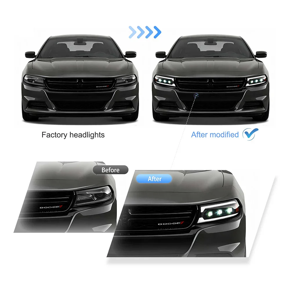 Bi-LED Projectors Headlights Assembly Black For 2015-2023 Dodge Charger - Image 5