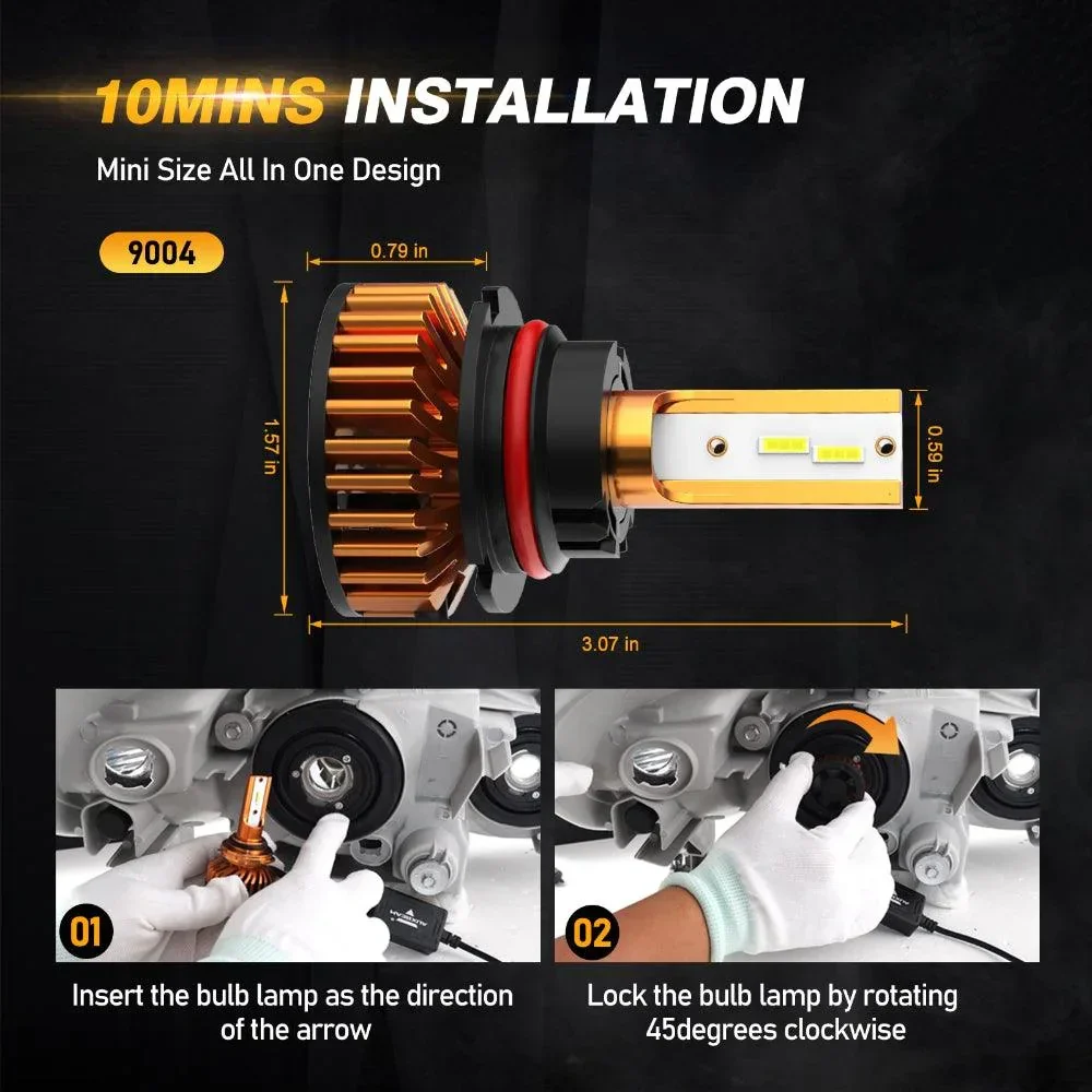 9004 LED Headlight Bulbs 52W 10000LM F2 Series Mini Size 6500K Cool White | 2 Bulbs - Image 2