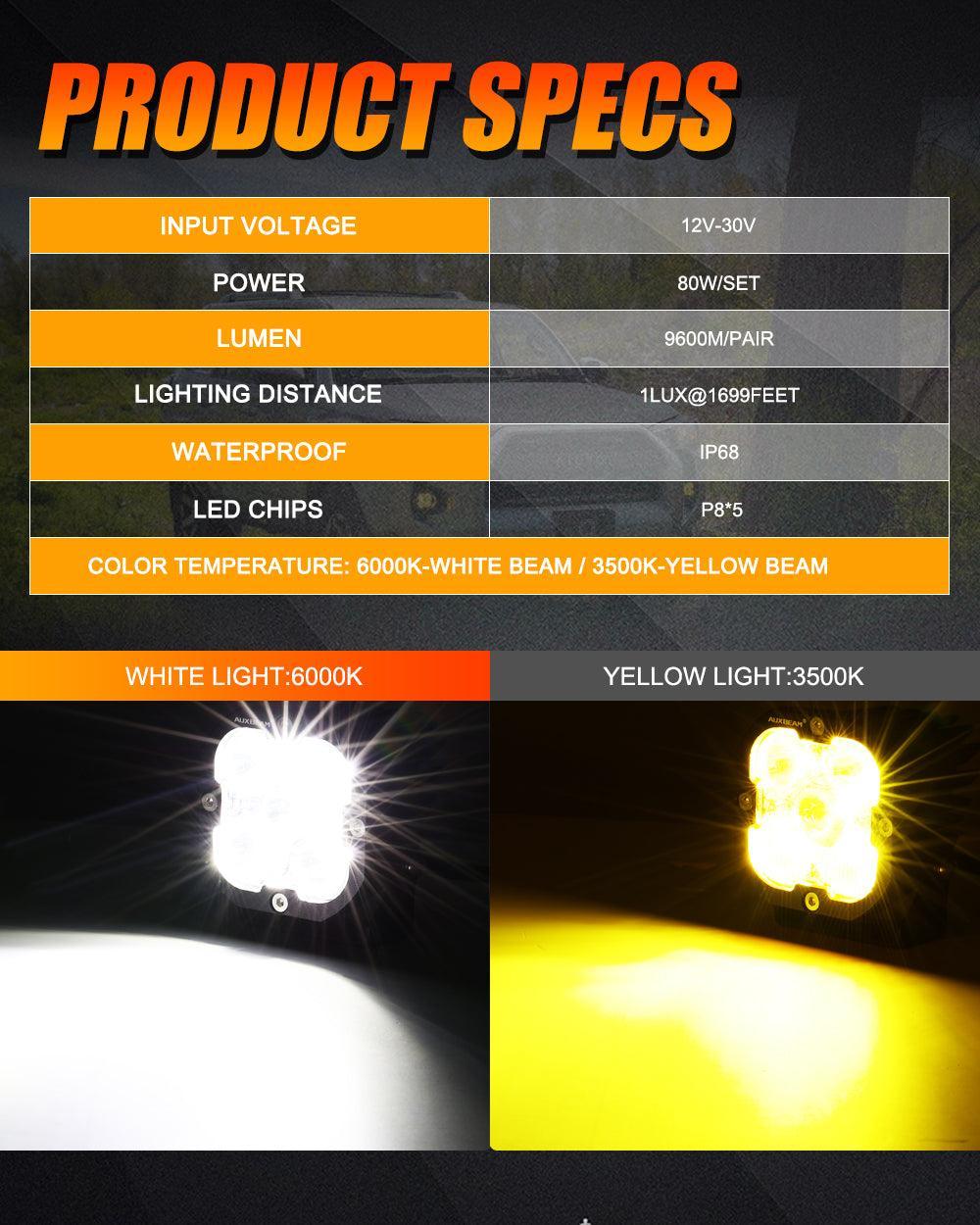 3 Inch 80W 9600LM LED Fog Lights Kit White/Yellow Beam for 2012-2022 Toyota Tacoma/ 2010-2022 Toyota 4Runner / 2014-2022 Toyota Tundra - Image 2