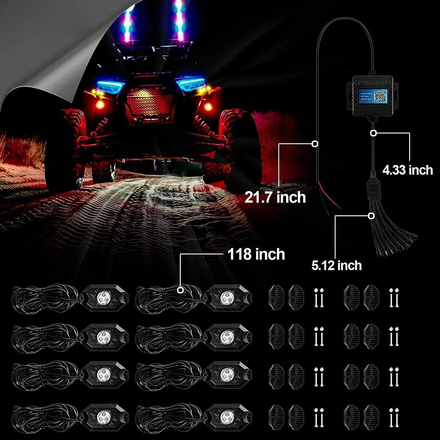 New 22 Inch V-PRO Series Straight RGBW Color Changing Off Road Led Light Bar & RGB LED Rock Light Set Combo - Image 9