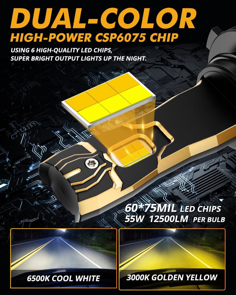 9006/HB4 LED Bulb Fog Lights/Low Beam Lights 110W 25000LM GX Bi-Color Series High Power & Brightness Dual Color Switchback | 2 Bulbs - Image 2