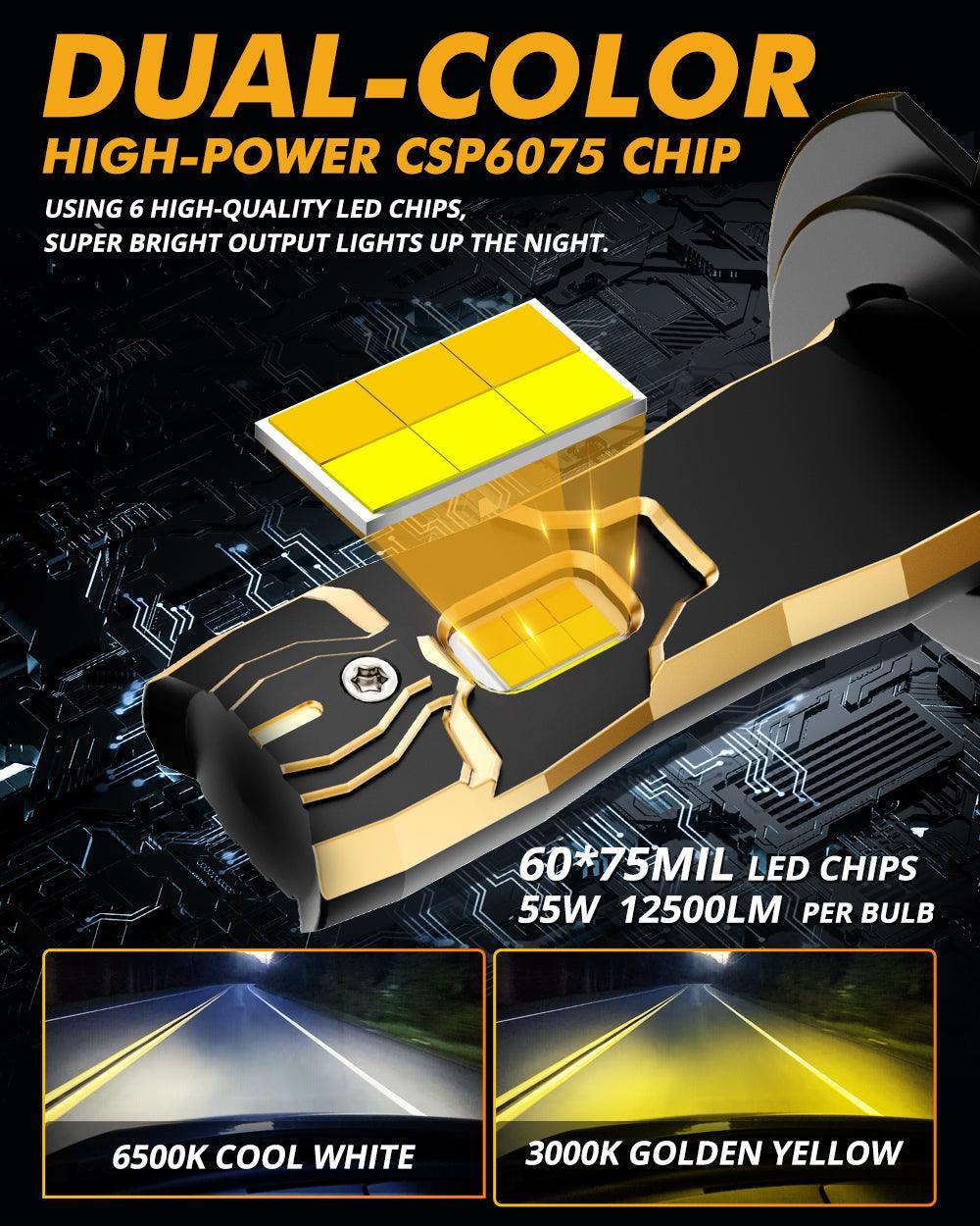 H7 LED Bulb Fog Lights/Low Beam Lights 110W 25000LM GX Bi-Color Series High Power & Brightness Dual Color Switchback | 2 Bulbs - Image 2