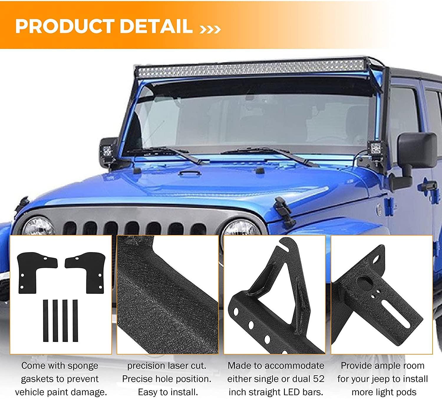 52" Straight LED Light Bar & 4" LED PODS & 2 IN 1 Design Windshield Mounting Brackets For Jeep Wrangler JK 2007~2017 - Image 8