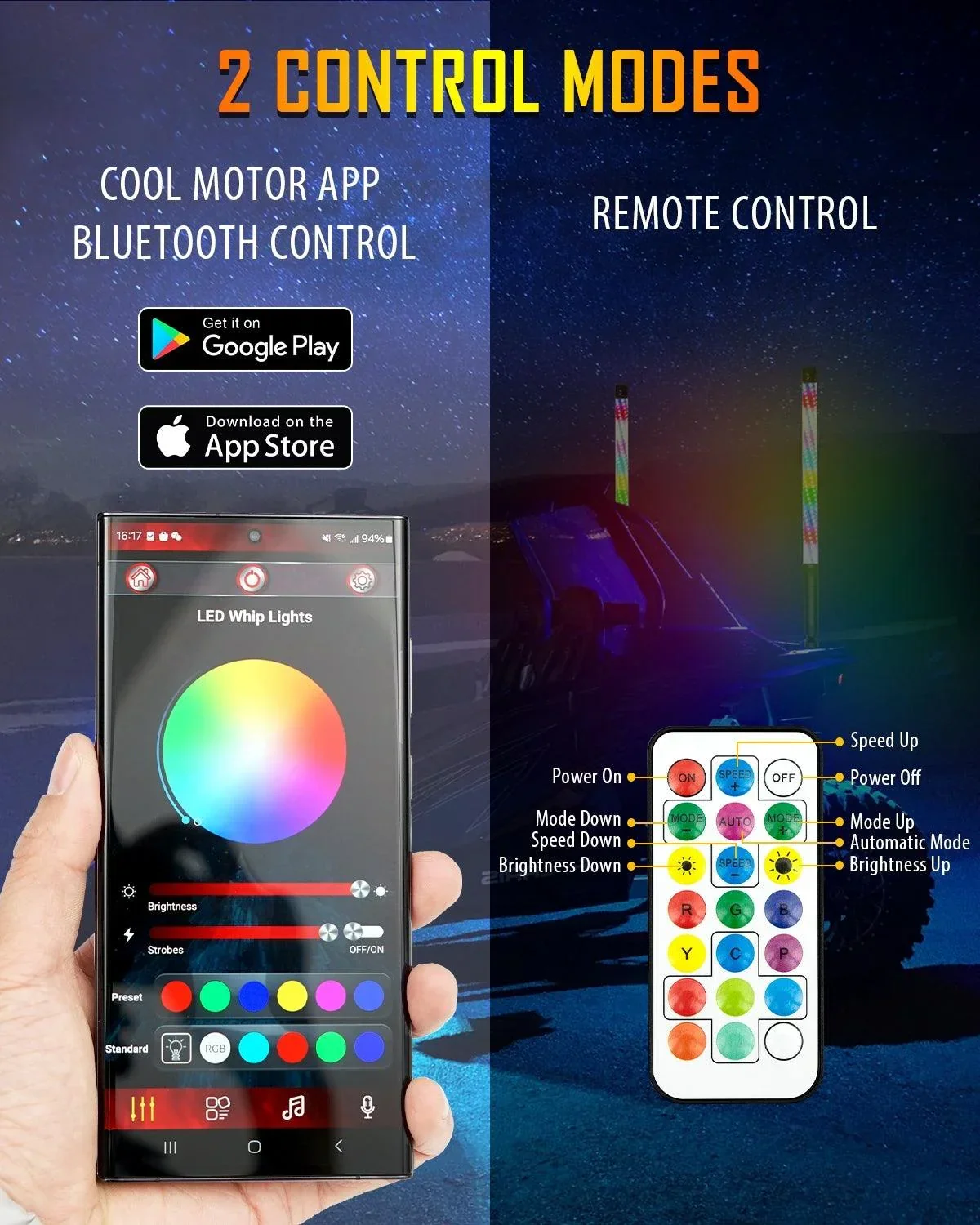 New 2.2FT LED RGB Whip Lights with Turn Signal & Brake Light, Bluetooth APP/ Remote Control - Image 3