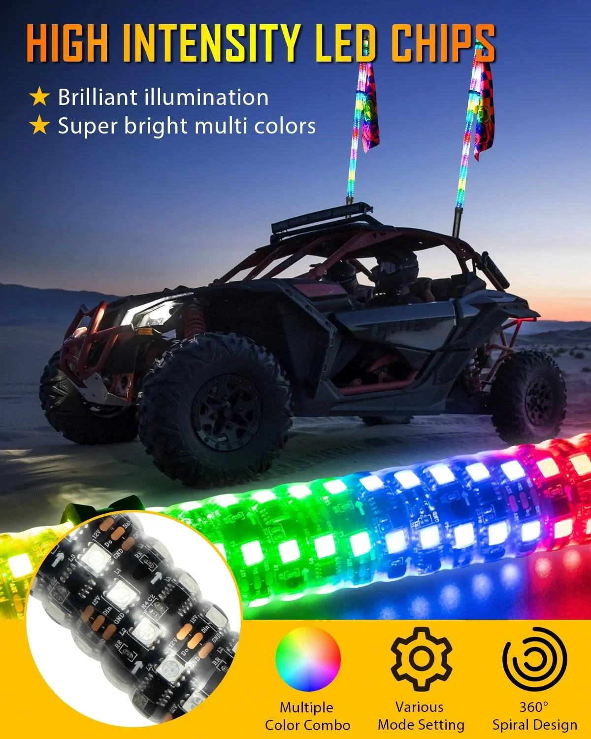 New 3.8FT LED RGB Whip Lights with Turn Signal & Brake Light, Bluetooth APP/ Remote Control - Image 2