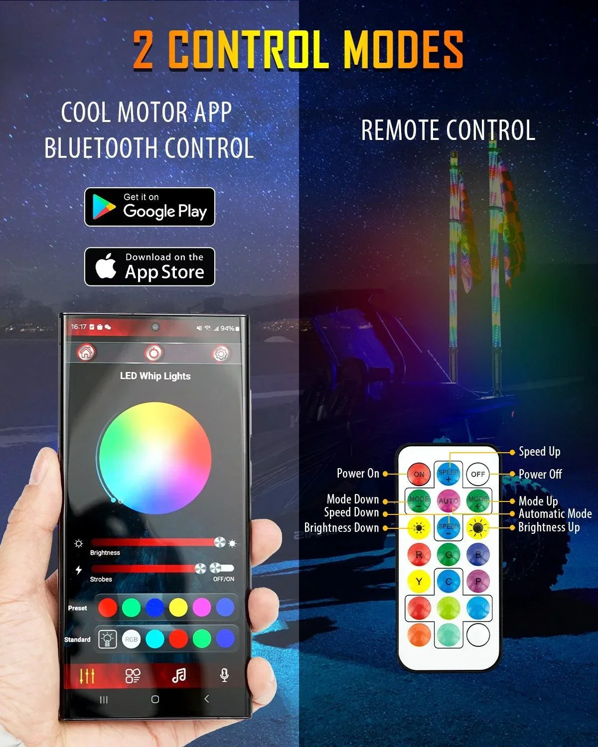 New 3.8FT LED RGB Whip Lights with Turn Signal & Brake Light, Bluetooth APP/ Remote Control - Image 3