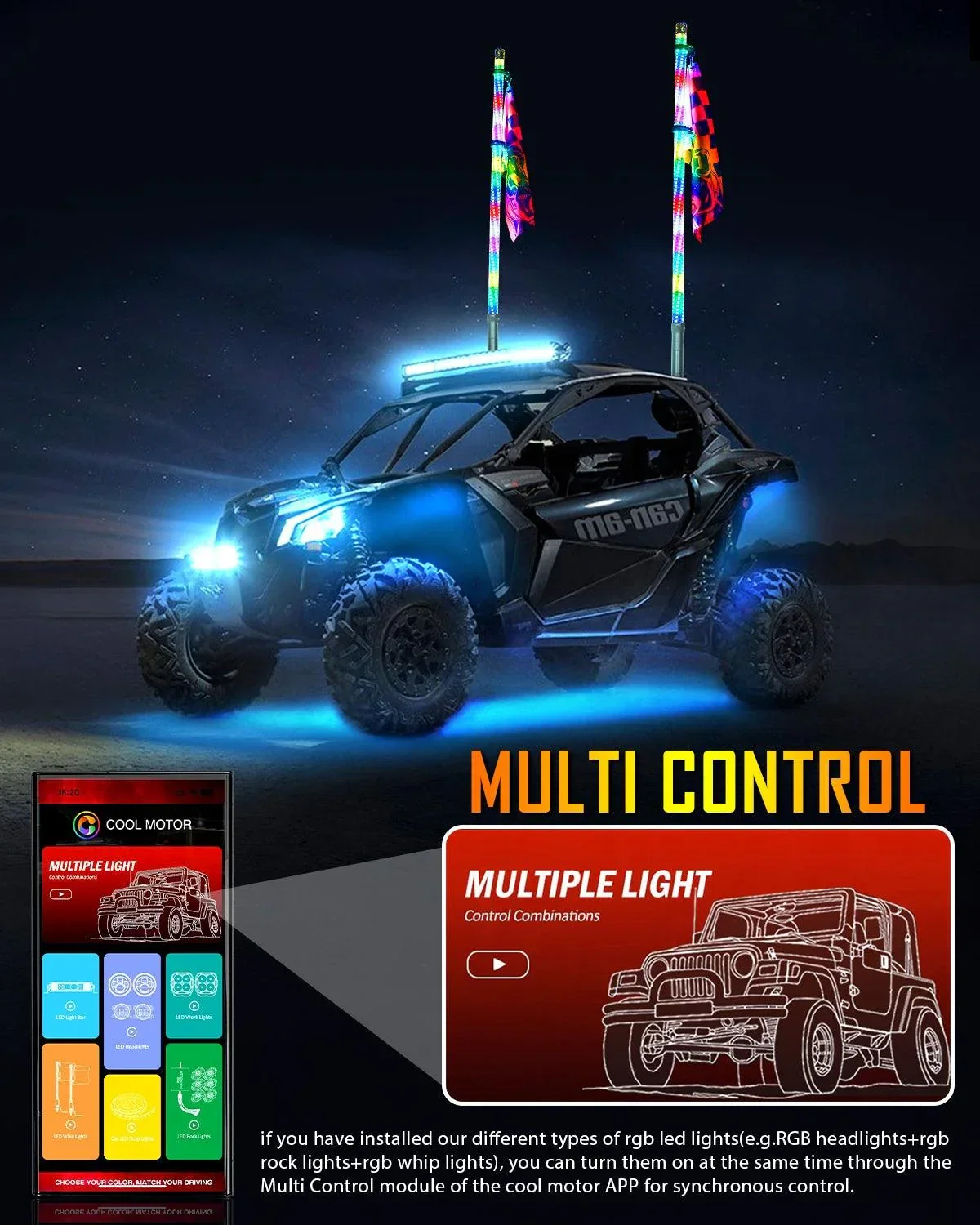 New 3.8FT LED RGB Whip Lights with Turn Signal & Brake Light, Bluetooth APP/ Remote Control - Image 7