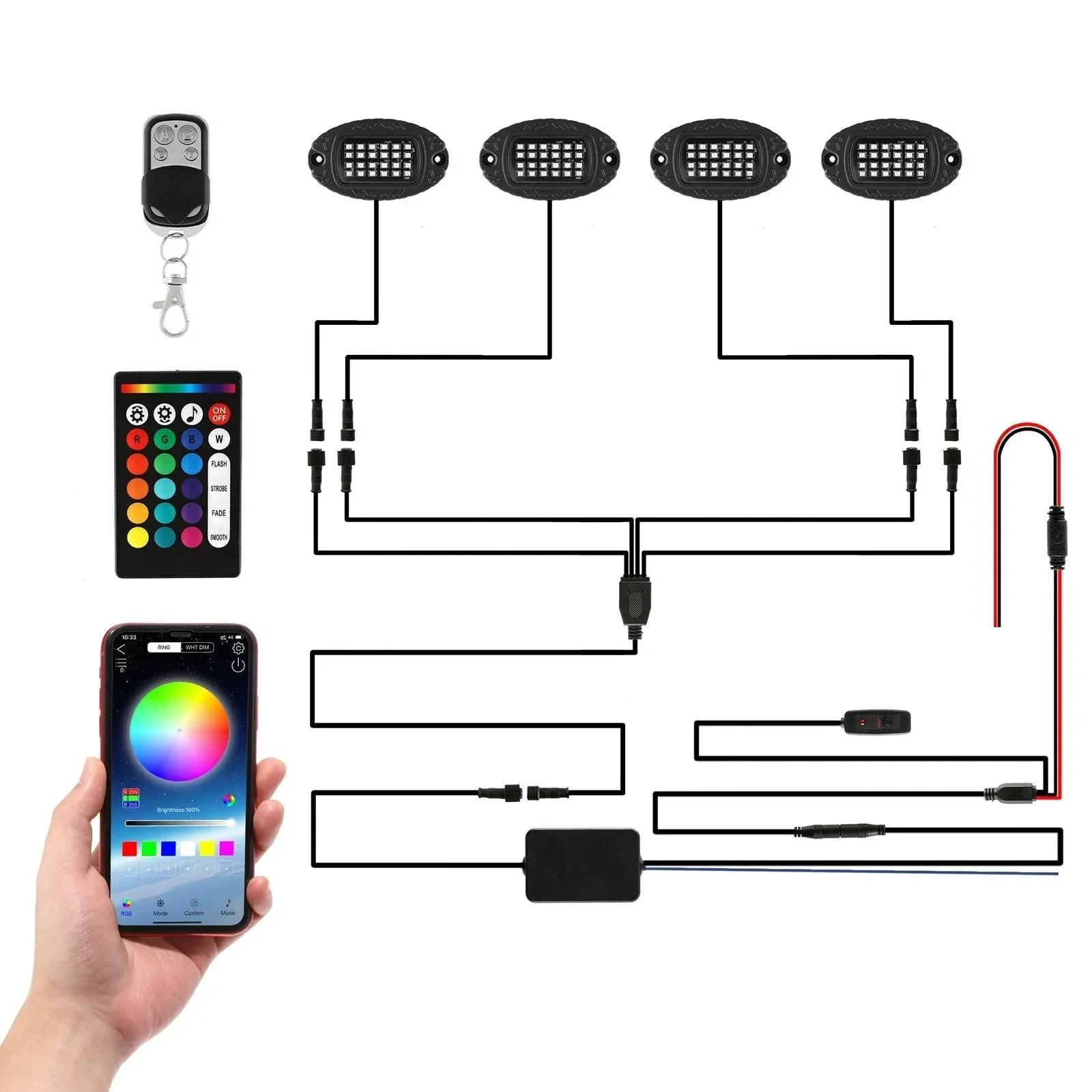 RGBW LED Rock Lights Kit with Bluetooth APP & Wireless Remote Control, Multicolor Neon Underglow Lights with Brake Light function for ATV UTV - Image 21