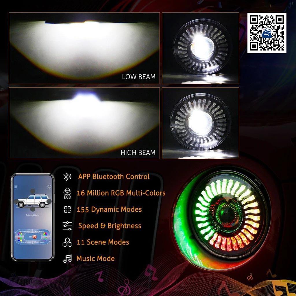 (2pcs/set) 7 inch 80W Hi-Lo Beam LED Headlight With RGB Flowing Halo Ring App Control for Jeep Wrangler JK, TJ, LJ, CJ - Image 4