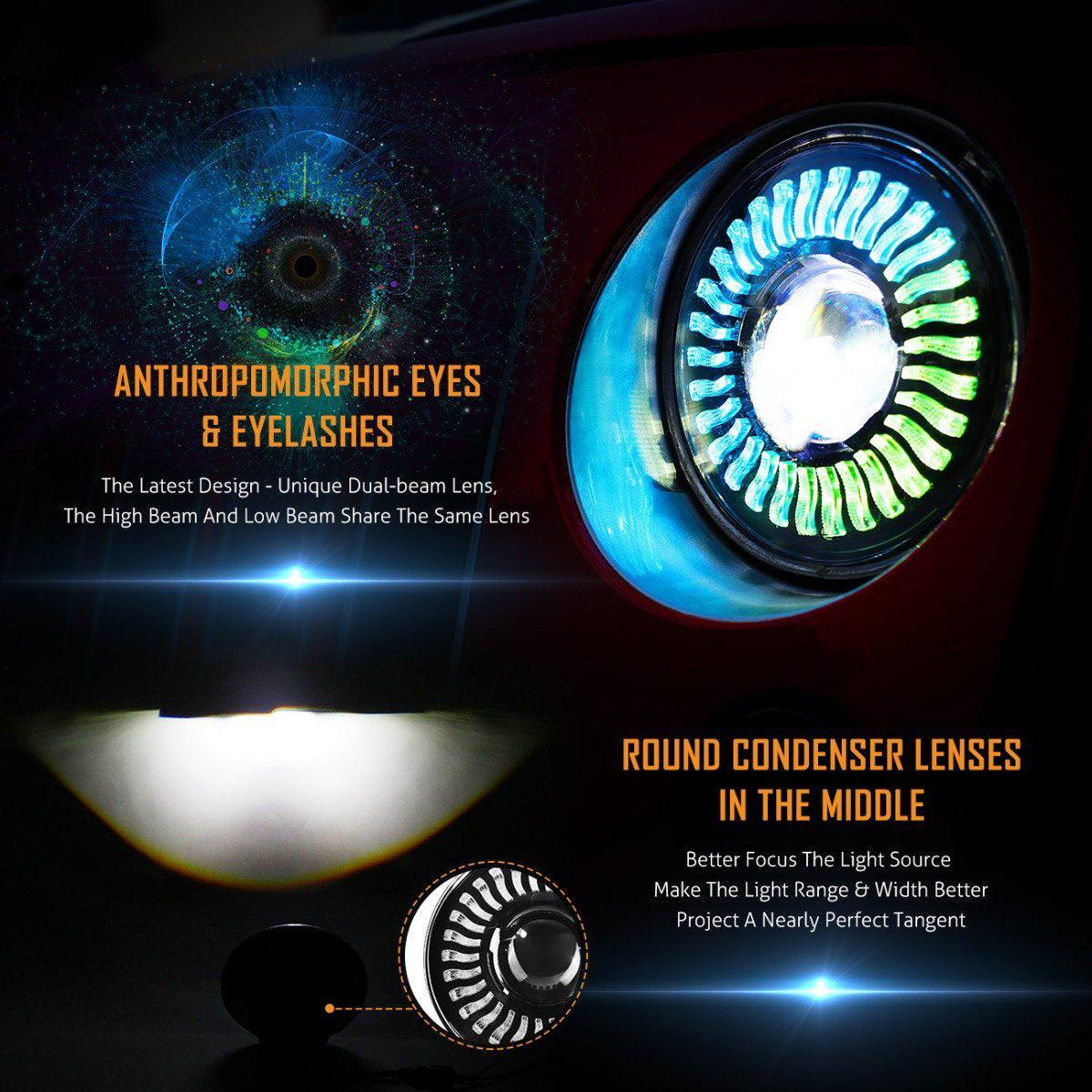 (2pcs/set) 7 inch 80W Hi-Lo Beam LED Headlight With RGB Flowing Halo Ring App Control for Jeep Wrangler JK, TJ, LJ, CJ - Image 5