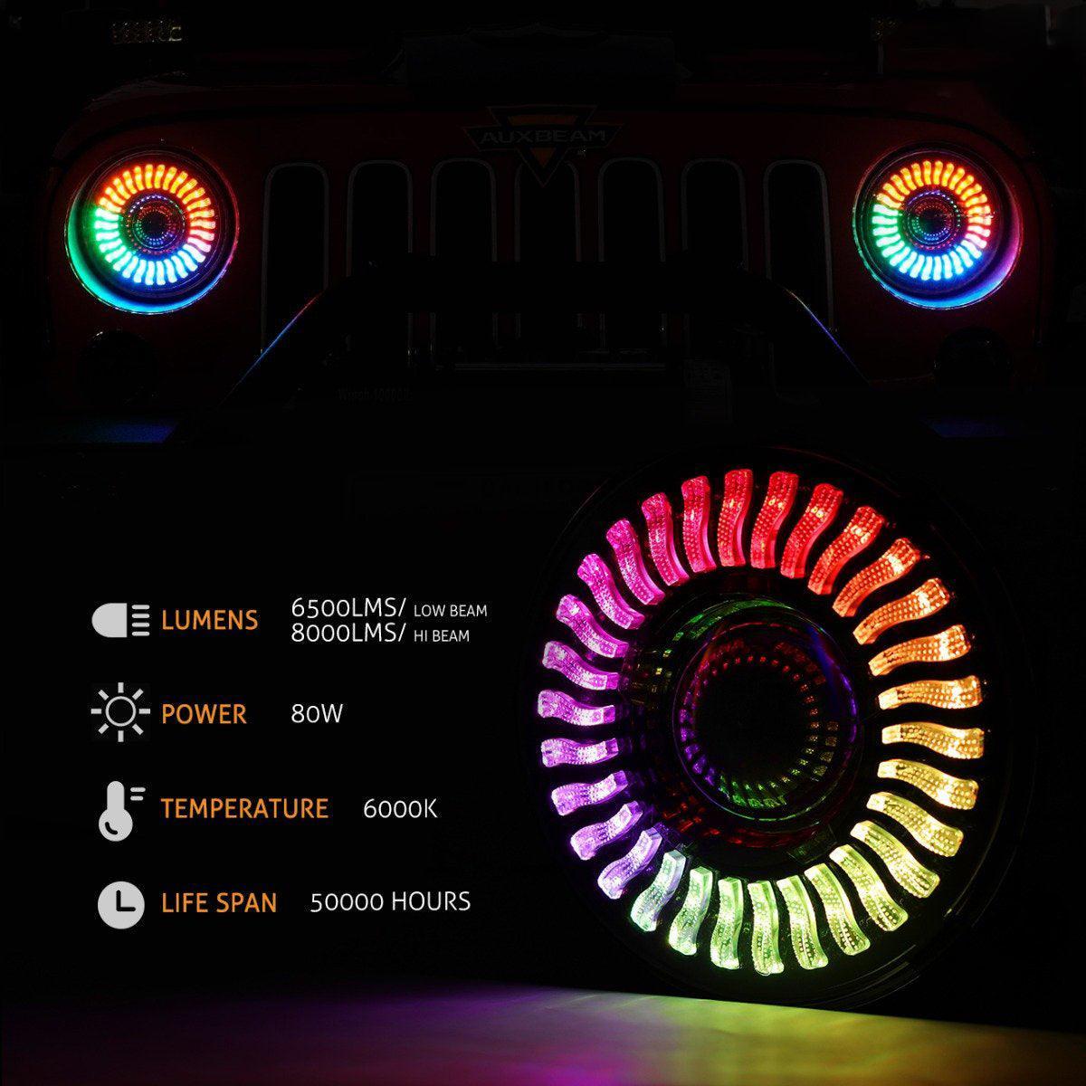 (2pcs/set) 7 inch 80W Hi-Lo Beam LED Headlight With RGB Flowing Halo Ring App Control for Jeep Wrangler JK, TJ, LJ, CJ - Image 6