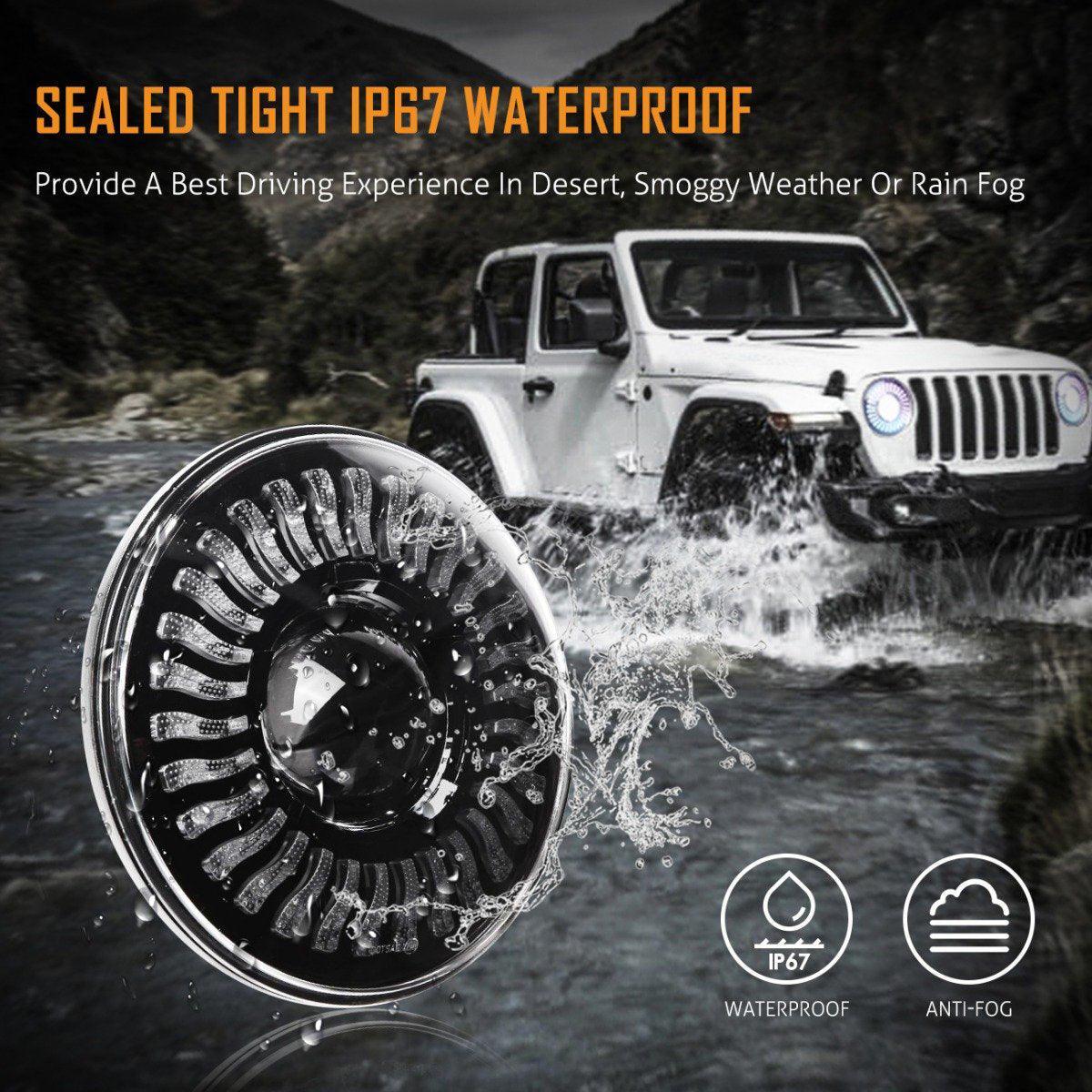 (2pcs/set) 7 inch 80W Hi-Lo Beam LED Headlight With RGB Flowing Halo Ring App Control for Jeep Wrangler JK, TJ, LJ, CJ - Image 7